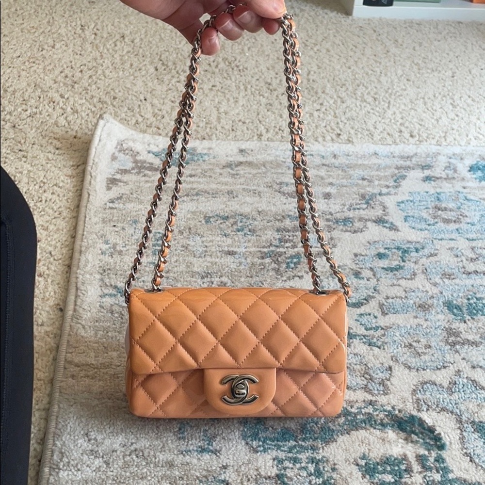 Authentic Chanel Extra Mini Flap Patent Orange